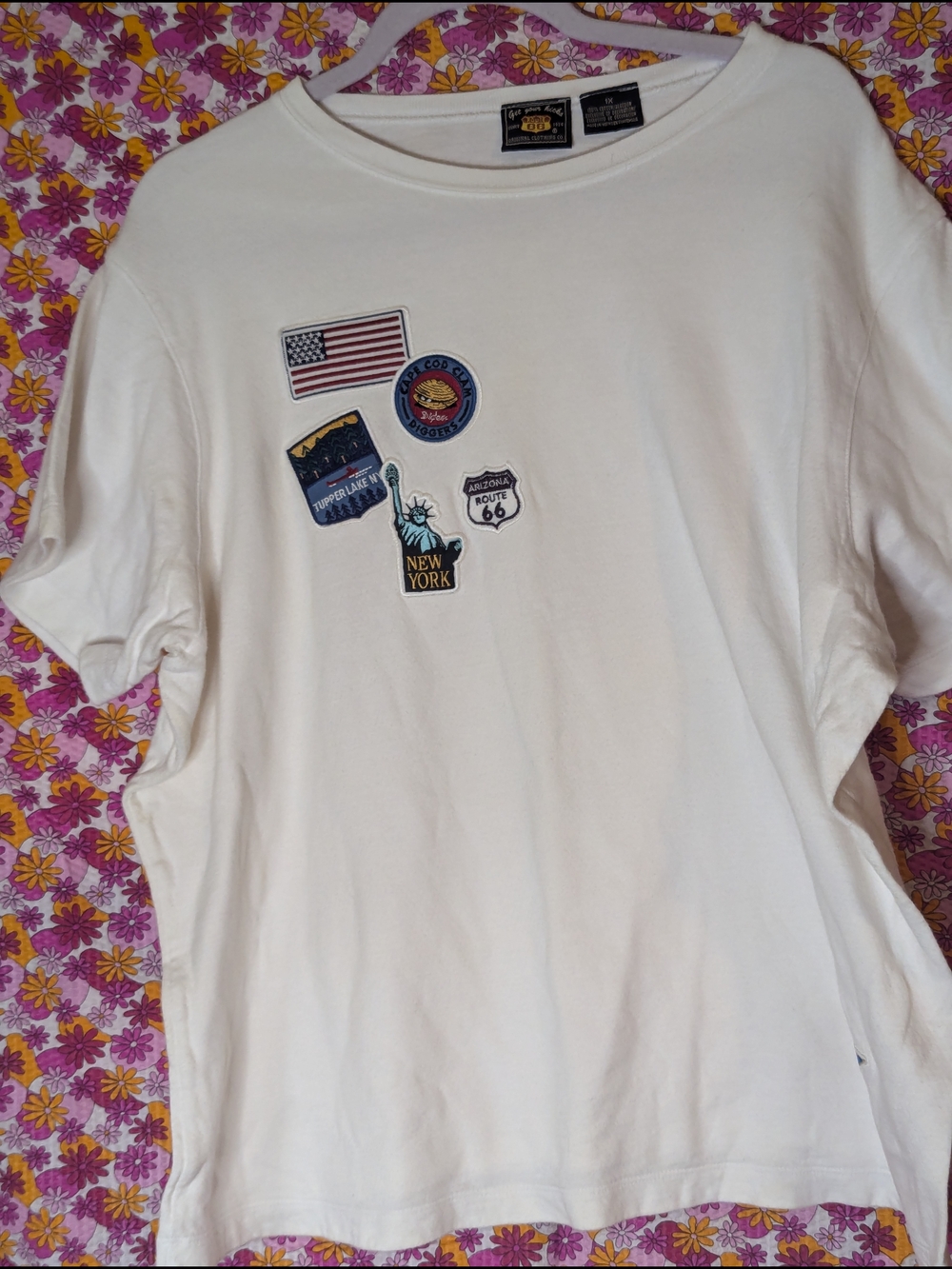 Vintage White Short Sleeve Tee with Multicolor Travel Patch Graphics